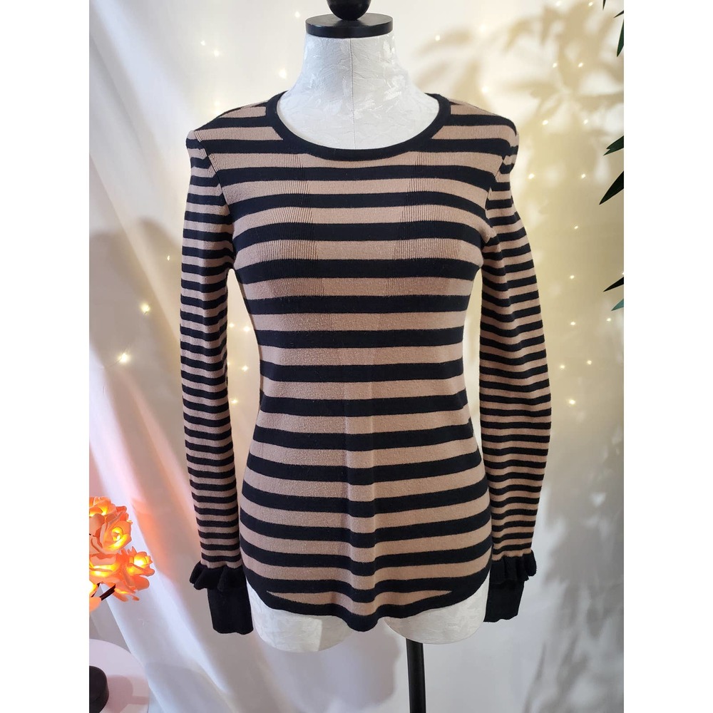 Cabi Earn Your Stripes Black Tan Pullover Sweater Womens Size S Long Sleeve 3480